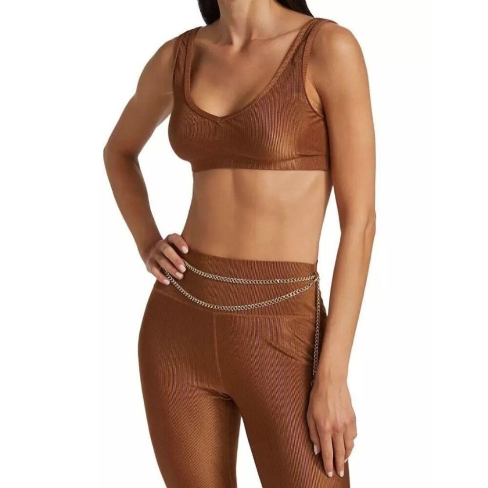 We Wore What V-Neck Sports Bra, Solid Rib, Brown, Size S, NWT